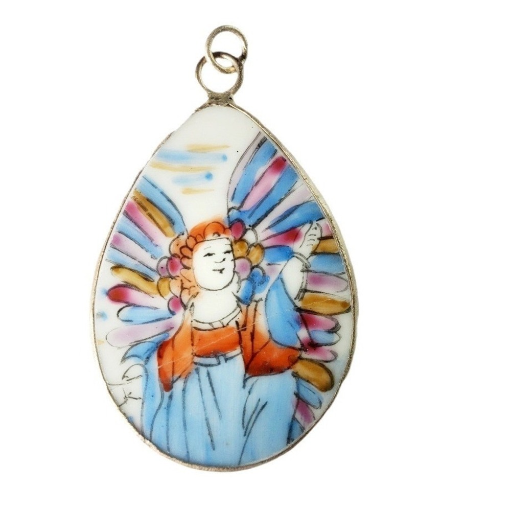 Vintage Hand Painted Porcelain Shard Angel Pendant Blue Pink Teardrop Jewelry‎